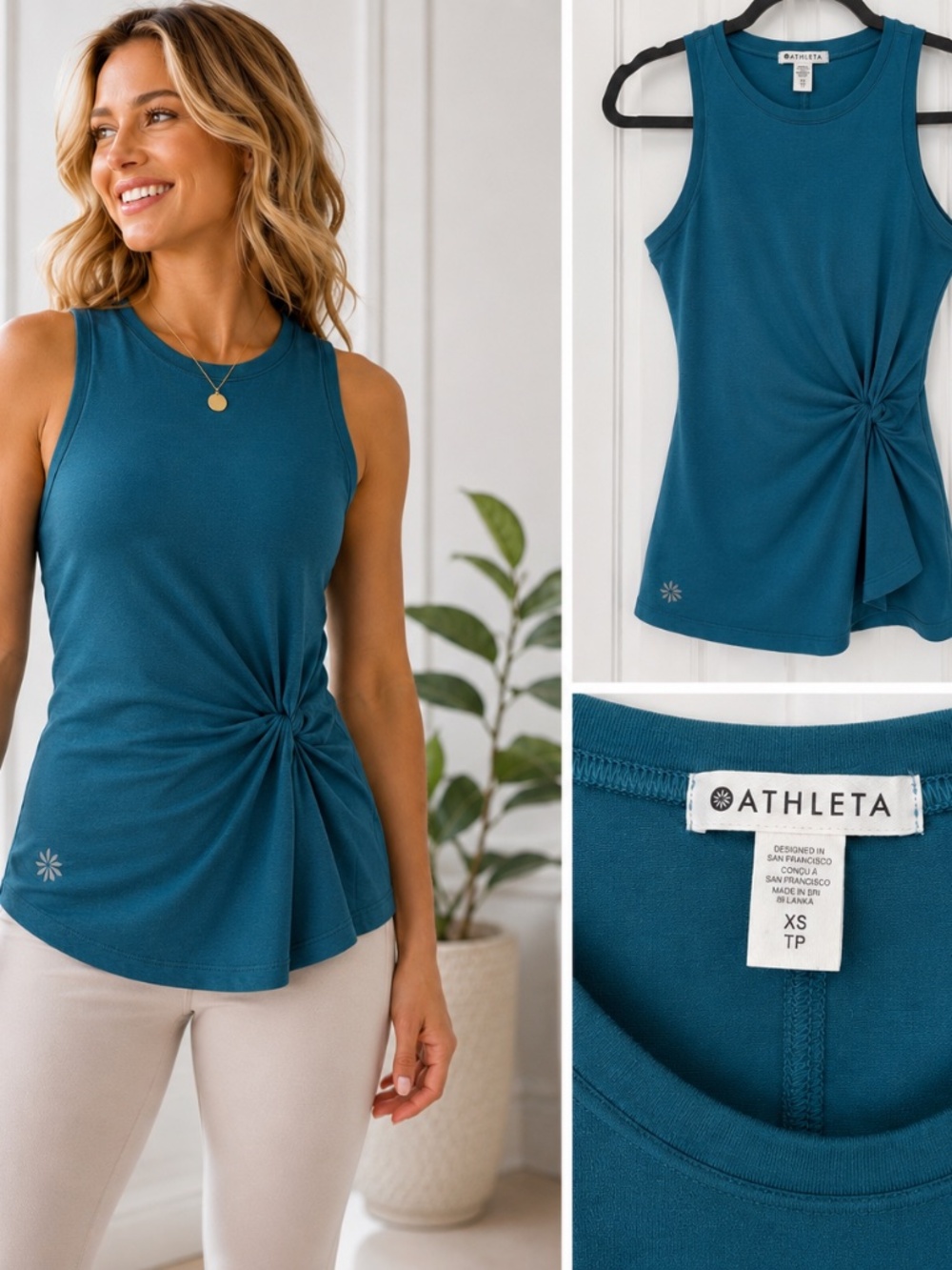 Athleta Radiate Twist Tank Top Teal XS | Side Knot | Athleisure Workout